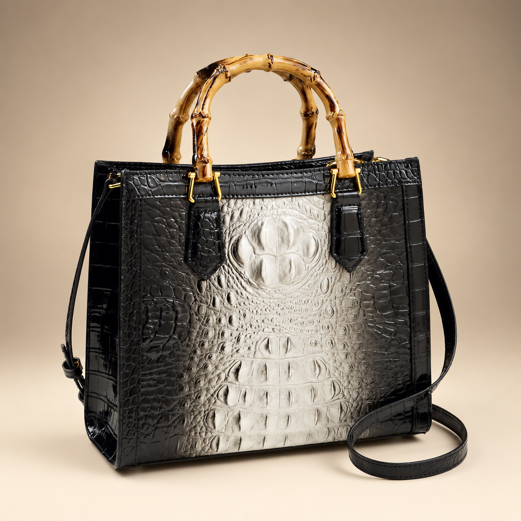 Black and silver gradient croc-embossed handbag with bamboo-style handles on an ivory studio background