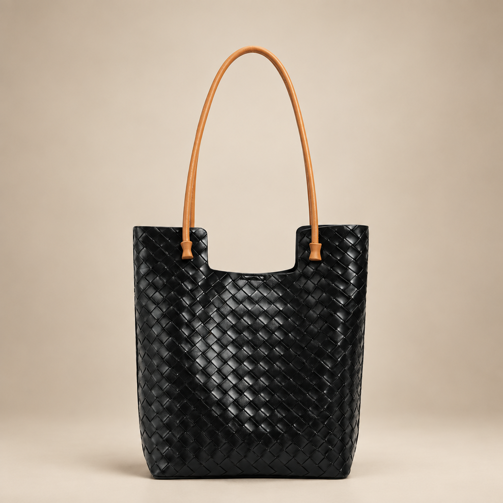 Black woven tote bag with long tan handles on a warm ivory studio background