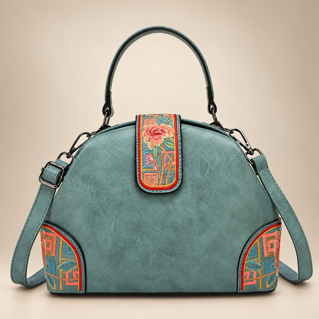 Blue-green dome handbag with colourful floral panels on an ivory studio background