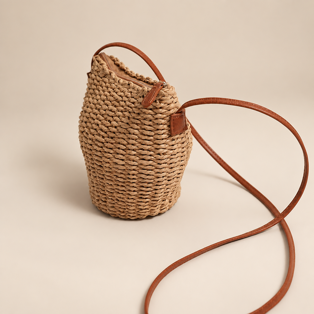 Natural woven basket crossbody bag with brown strap, side view on an ivory studio background
