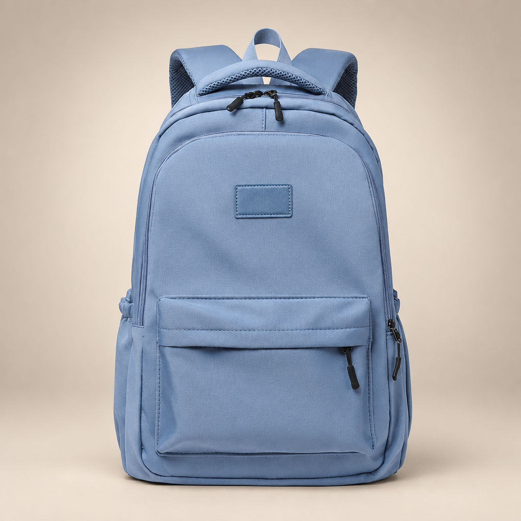 Women's Oxford campus backpack in blue on a warm ivory/taupe studio background