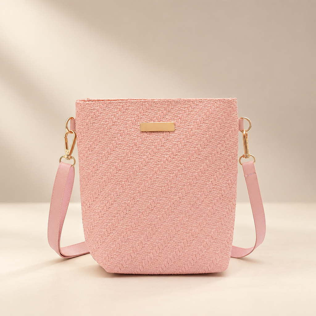 Pink PU shoulder bag with embossed texture against a warm ivory and taupe studio background
