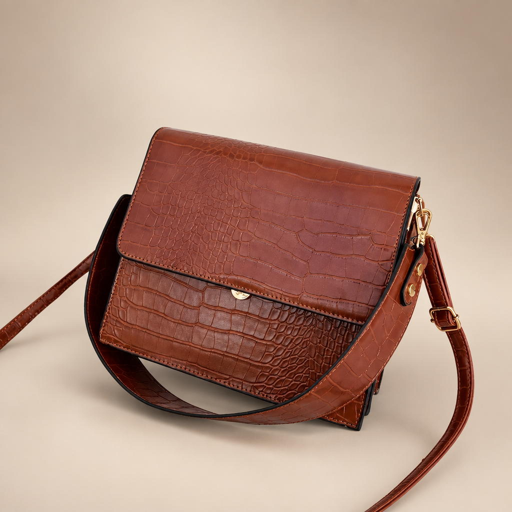 Light brown PU messenger bag photographed on a warm ivory studio background