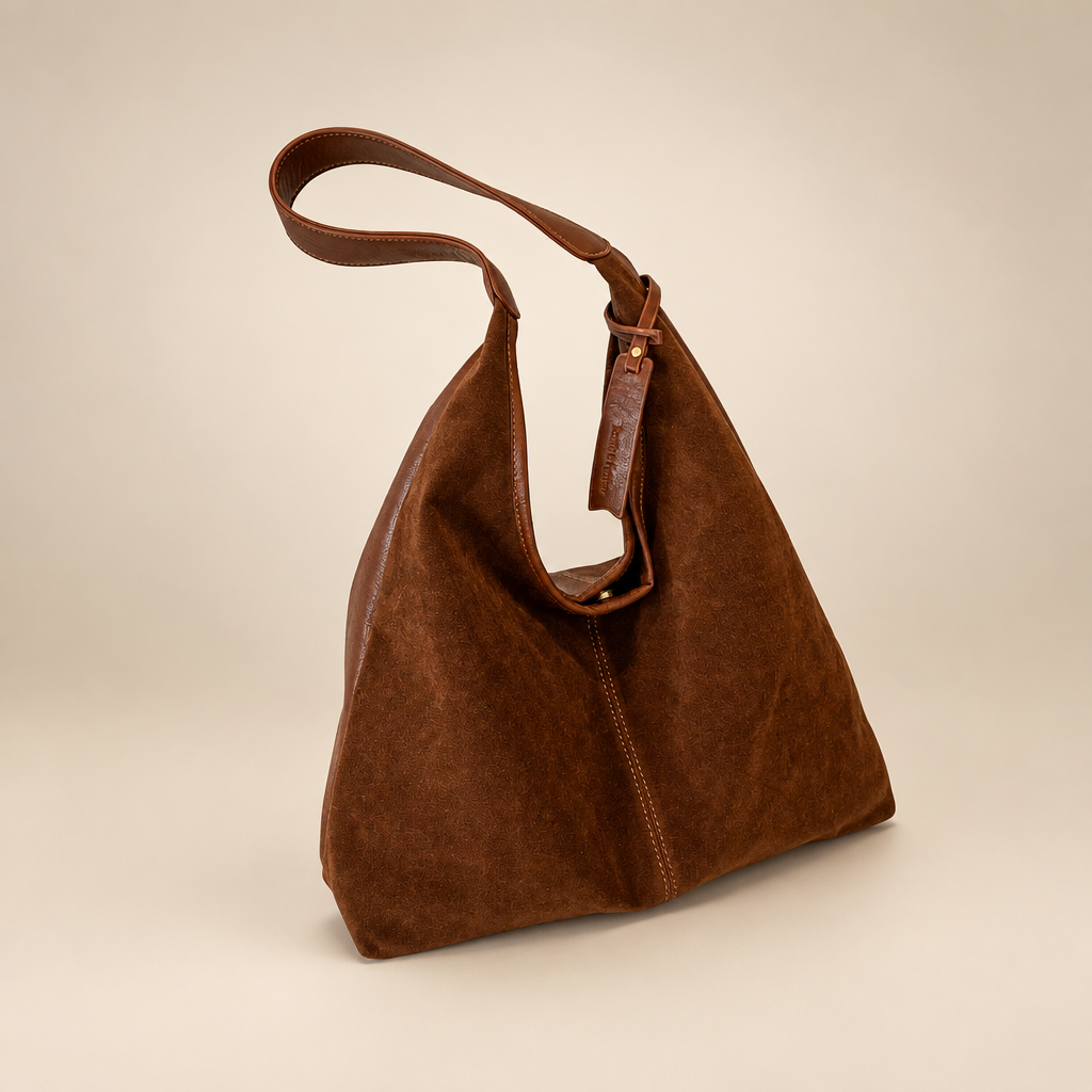 Warm brown suede-look shoulder bag on a warm ivory studio background