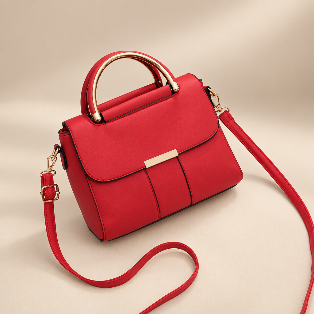 Women's structured ring-handle bag in red on a warm ivory/taupe studio background