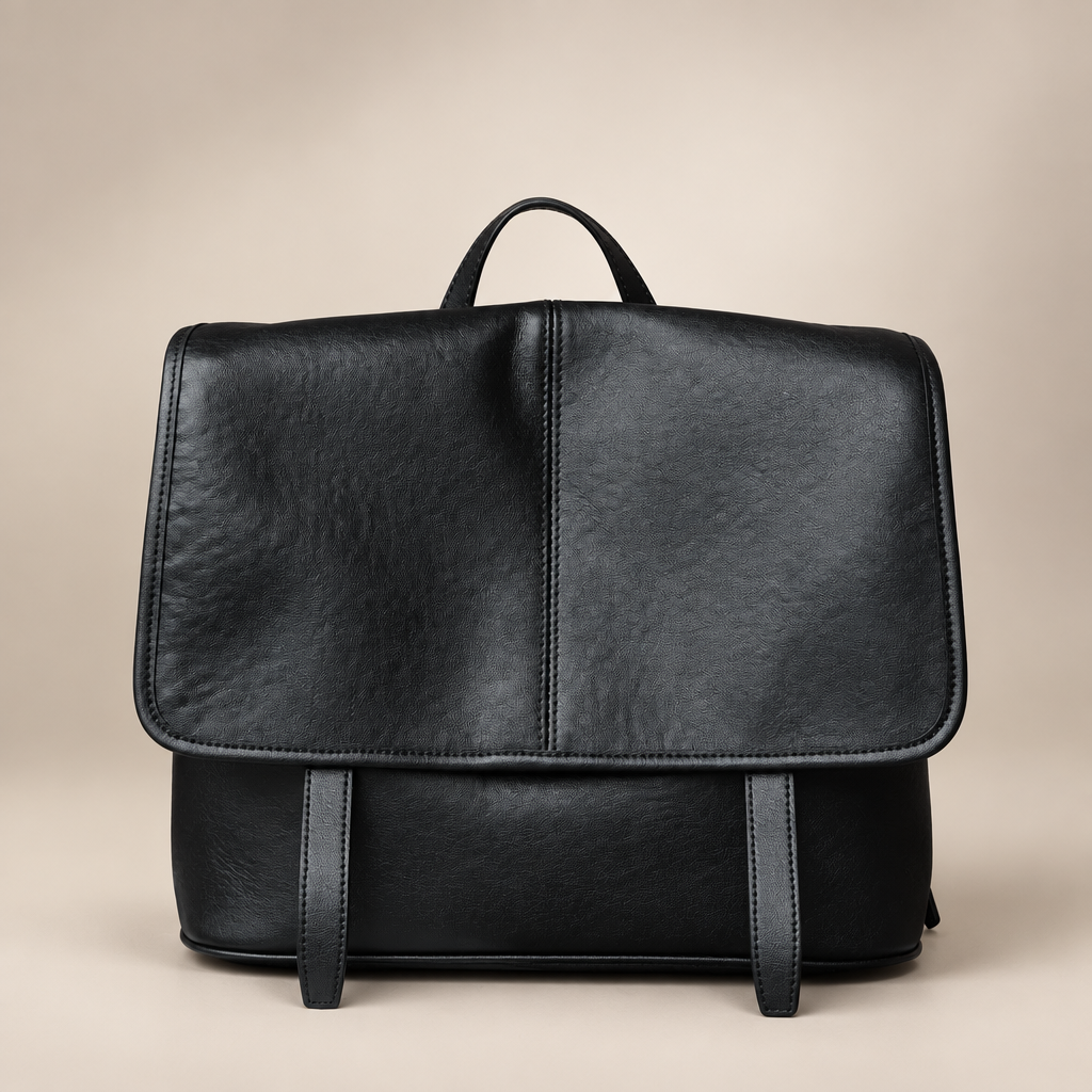 Black flap backpack on a warm ivory studio background