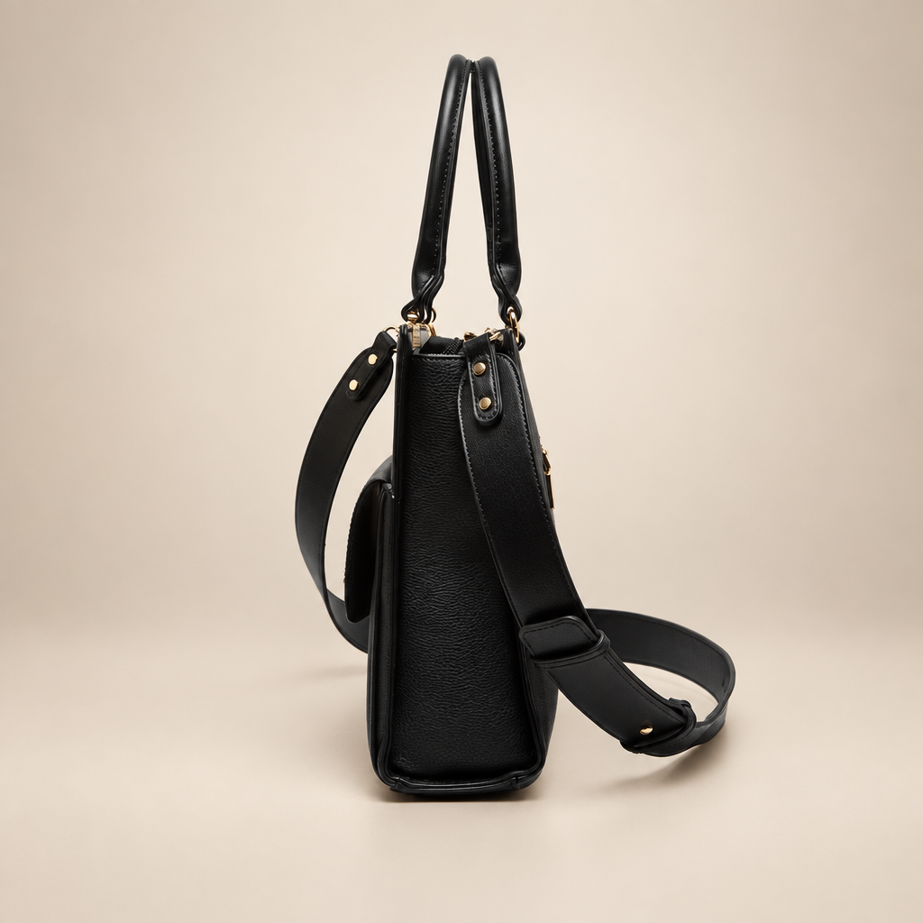 Black women's laptop work bag, front view, on a warm ivory/taupe studio background