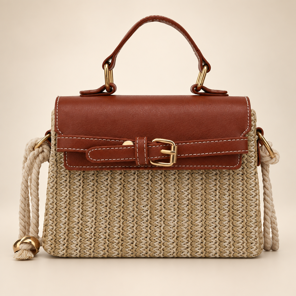 Brown woven box rattan handbag on warm ivory studio background