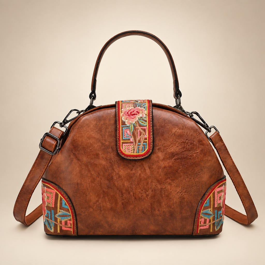 Tan dome handbag with colourful floral panels on an ivory studio background