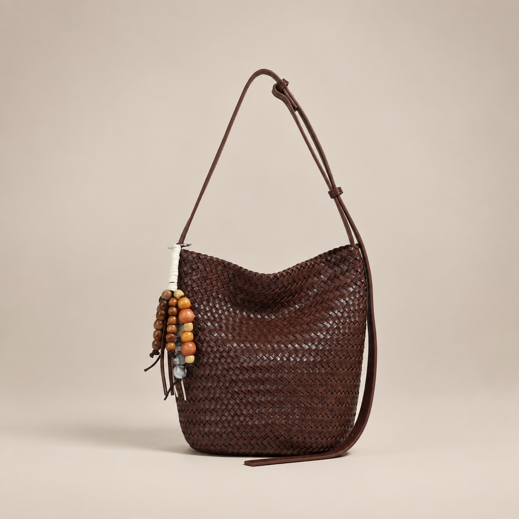 Brown woven bucket bag with bead charms on warm ivory studio background