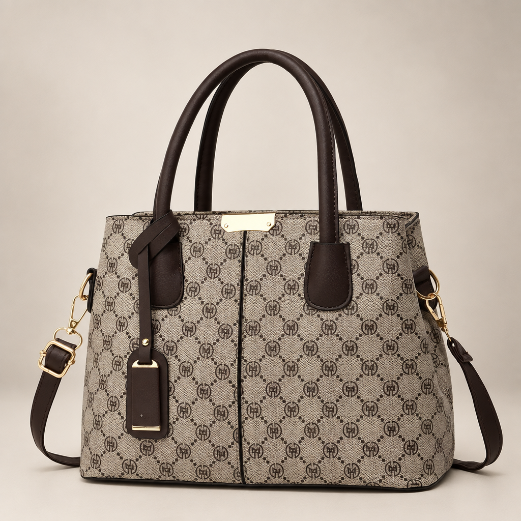 Li Pattern Beige tote bag on warm ivory studio background