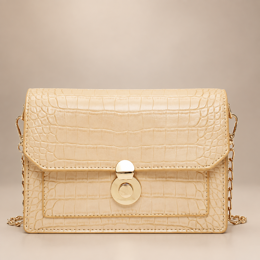 Pale yellow croc-embossed chain bag on a warm ivory studio background
