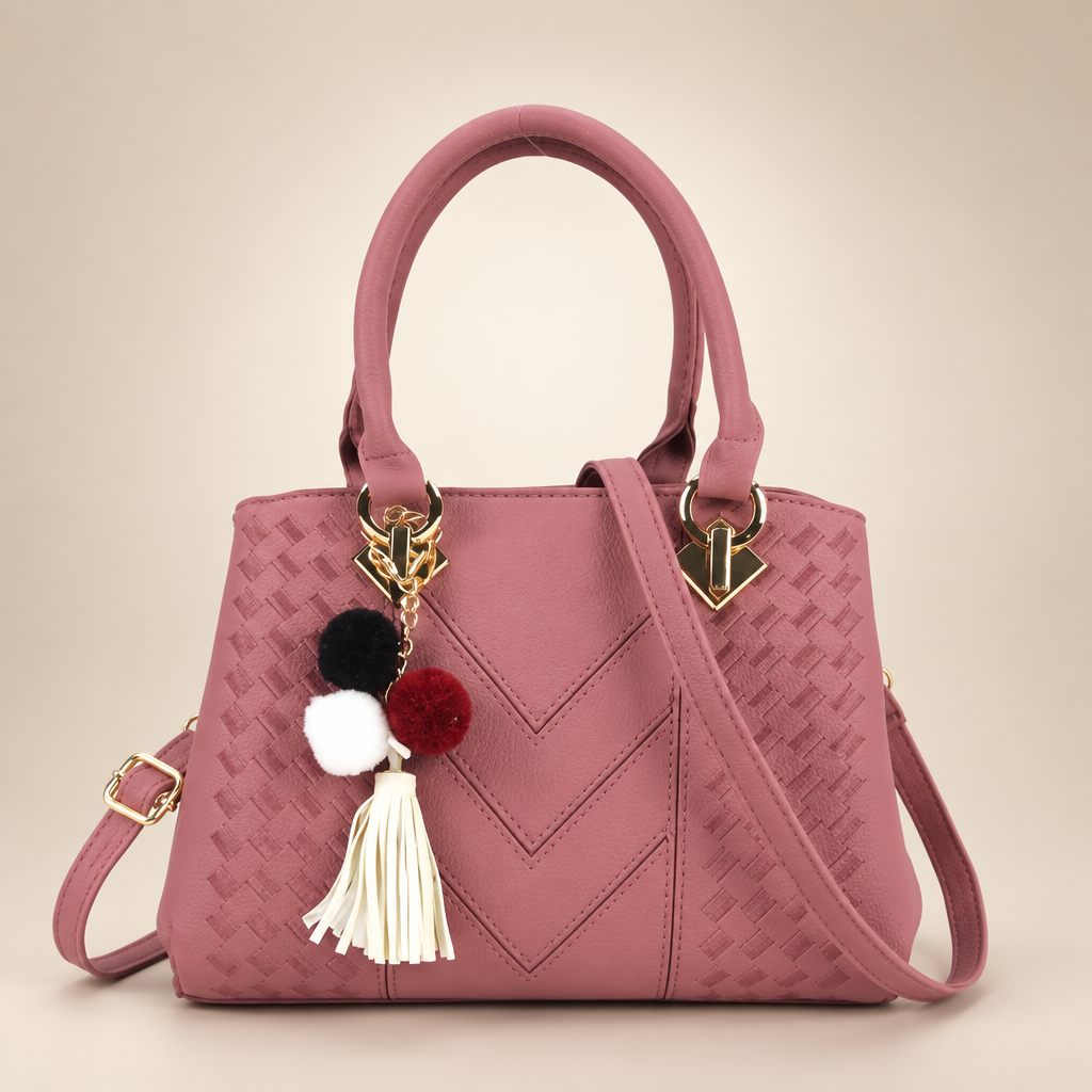 Rubber powder pink textured handbag on warm ivory studio background