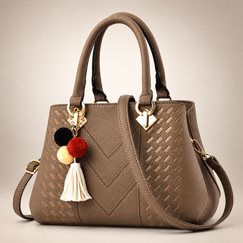 Khaki textured handbag on warm ivory studio background