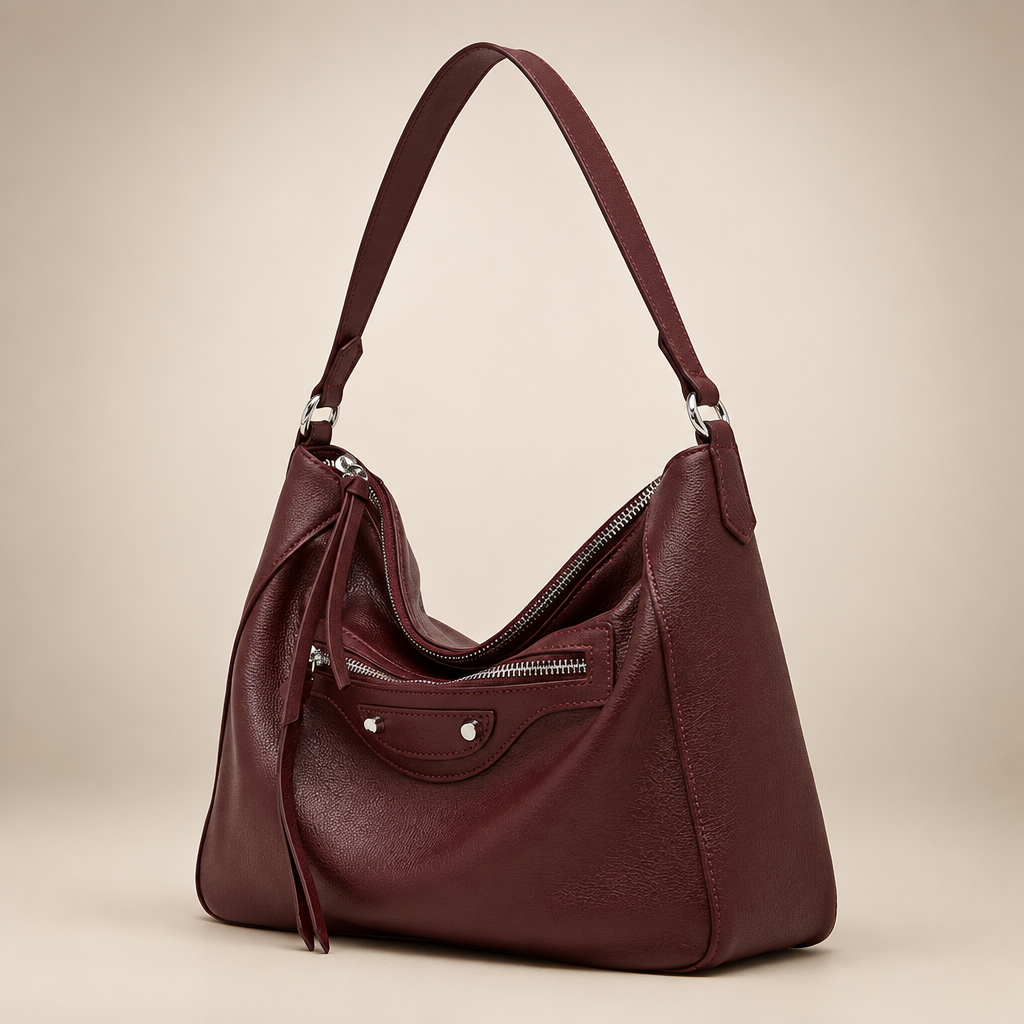 Burgundy slouch handbag with silver zips on a warm ivory studio background