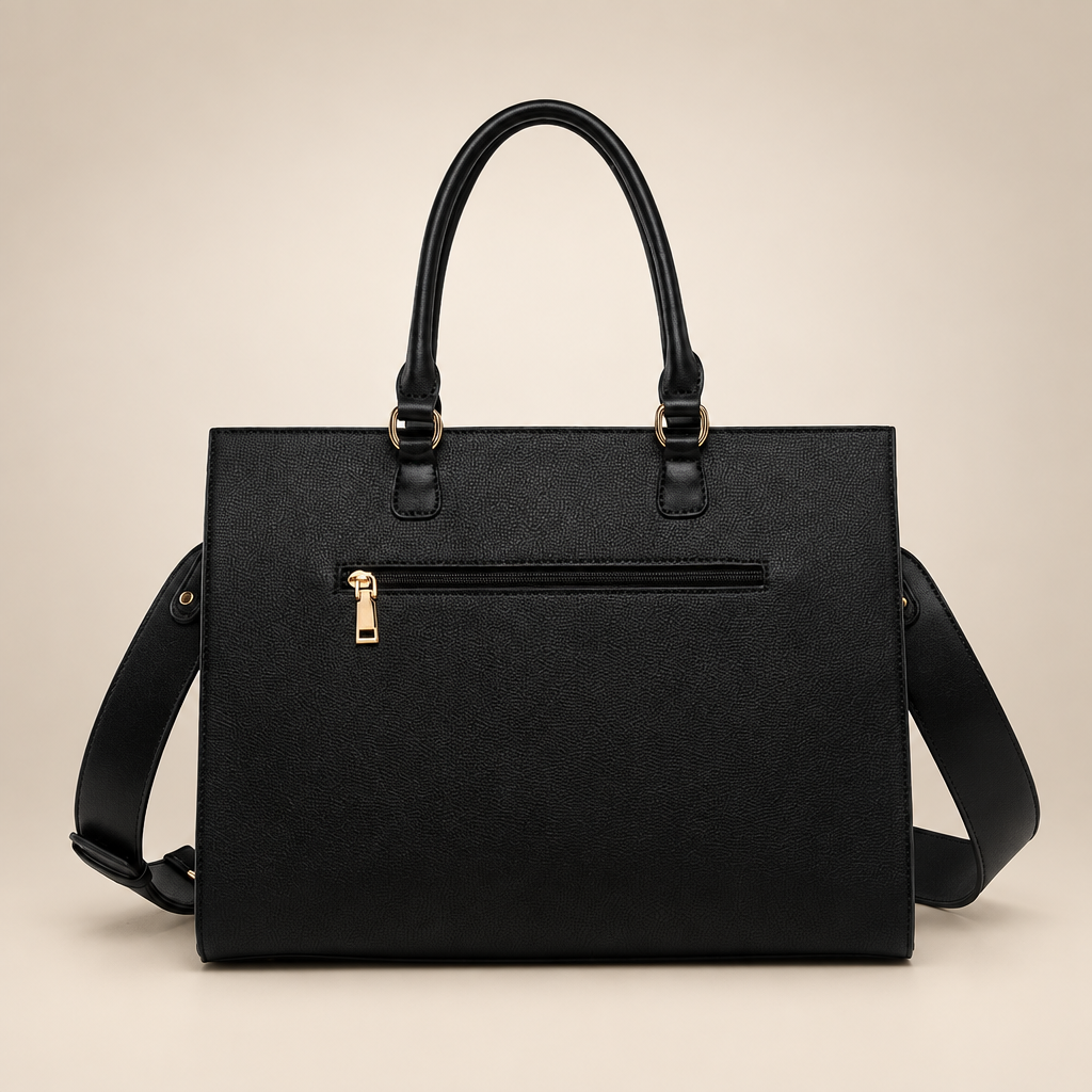 Black women's laptop work bag, back view, on a warm ivory/taupe studio background