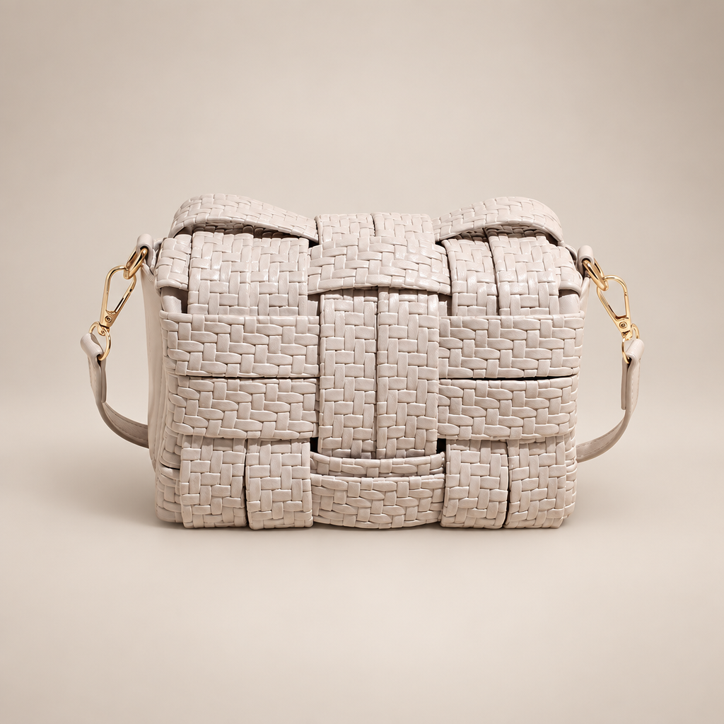 Cream woven crossbody bag on a warm ivory studio background