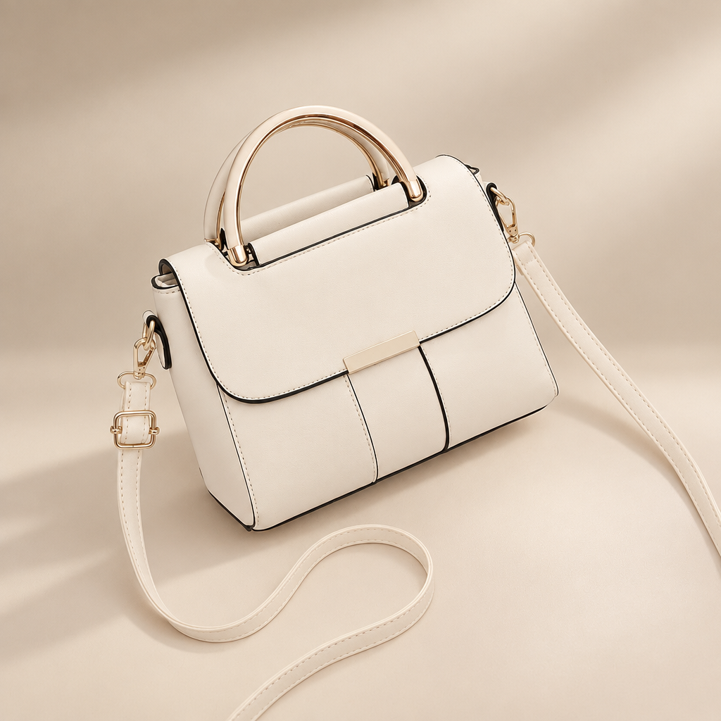 Women's structured ring-handle bag in white on a warm ivory/taupe studio background