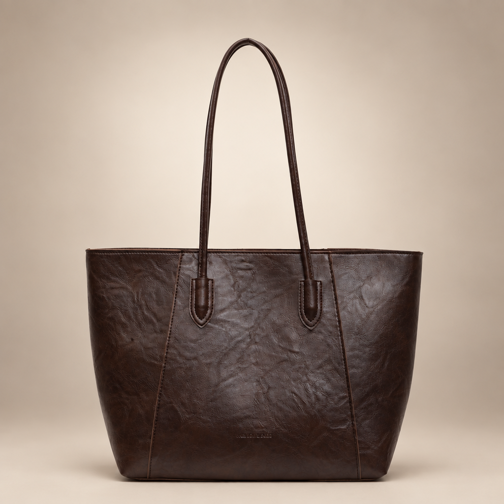 White PU tote bag photographed on a warm ivory studio background