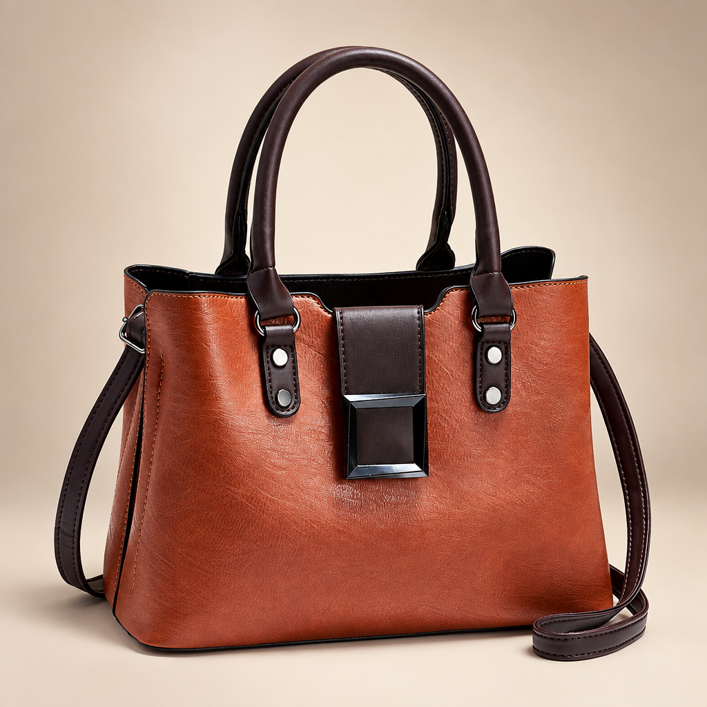 Women's structured buckle tote in red on a warm ivory/taupe studio background