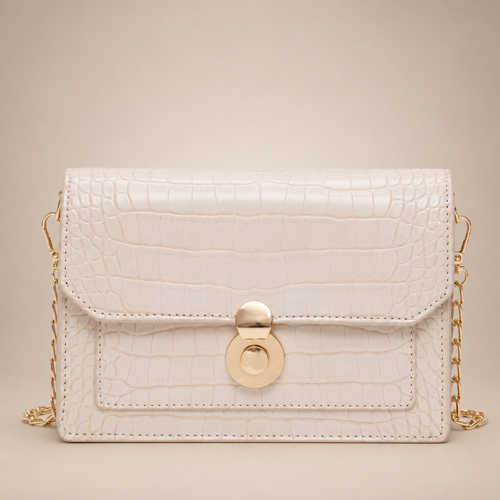 Ivory croc-embossed chain bag on a warm ivory studio background