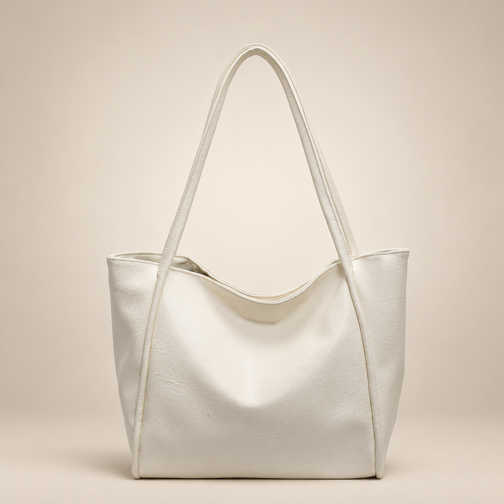 Soft shoulder tote on a warm ivory studio background