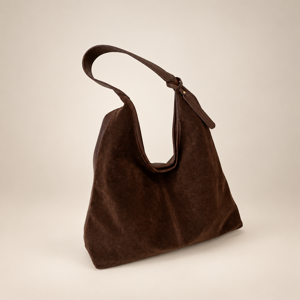 Dark brown suede-look shoulder bag on a warm ivory studio background