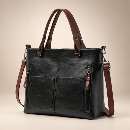 Black handbag with brown straps in a warm ivory and taupe studio setting, angled view
