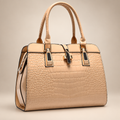 Women's croc-embossed tote bag in beige on a warm ivory/taupe studio background