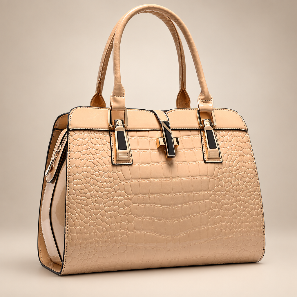 Women's croc-embossed tote bag in beige on a warm ivory/taupe studio background