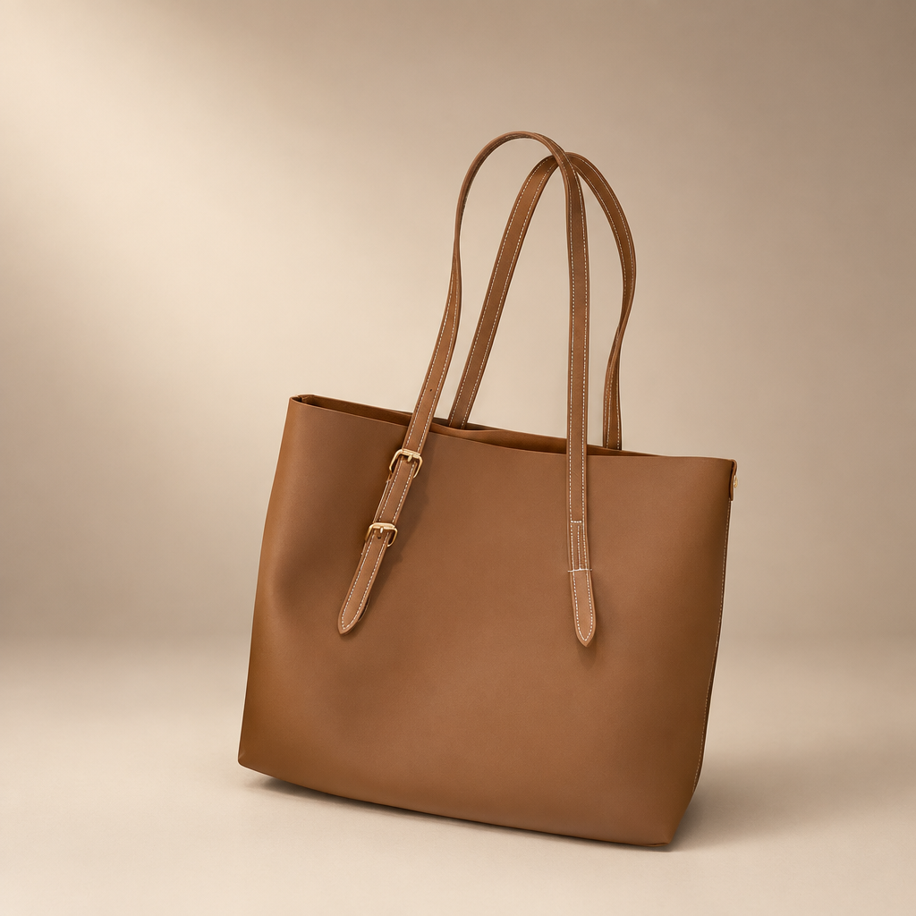 Light brown PU tote bag against a warm ivory and taupe studio background