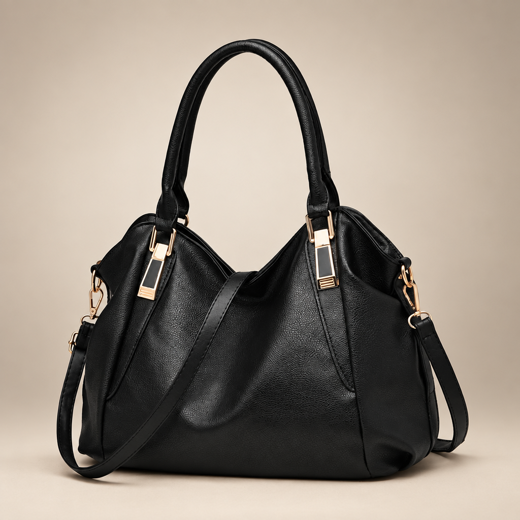Women's soft hobo shoulder bag in black on a warm ivory/taupe studio background