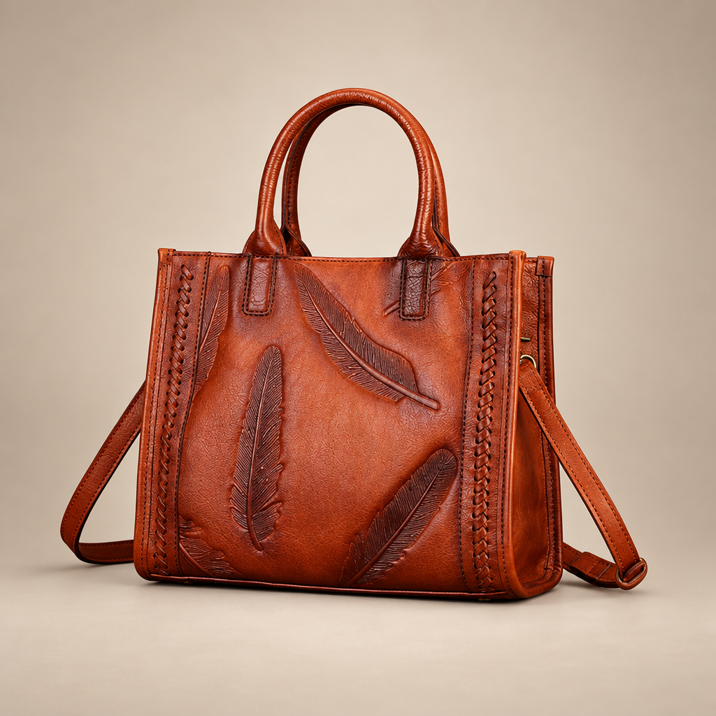 Tan handbag with feather detailing, angled view on a warm ivory studio background