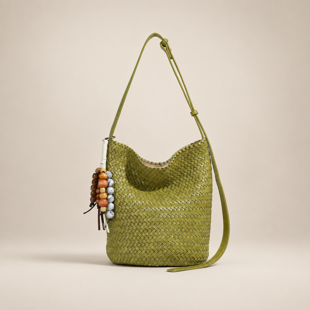 Green woven bucket bag with bead charms on warm ivory studio background