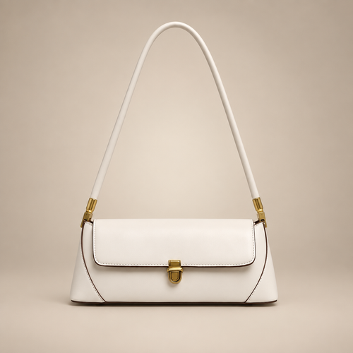 White baguette shoulder bag with gold clasp on a warm ivory studio background