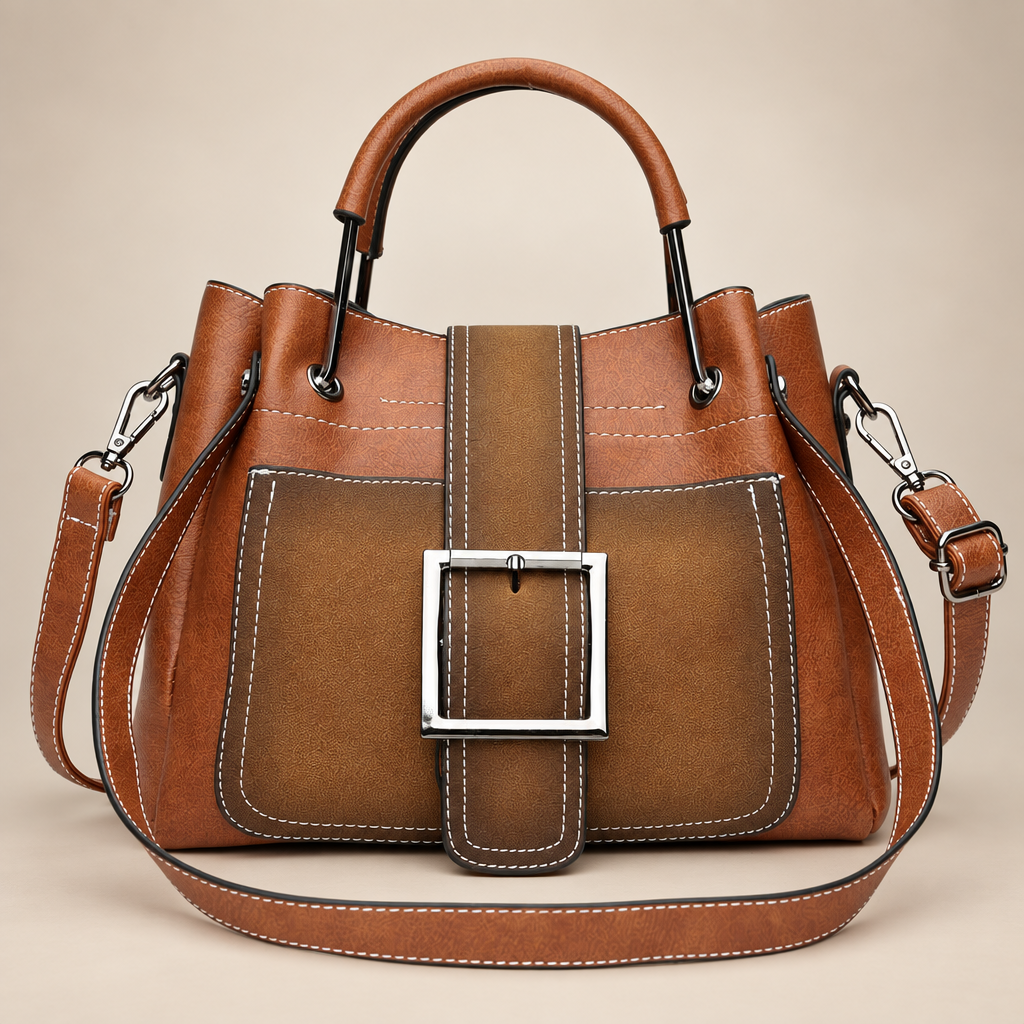 Tan buckle handbag on a warm ivory studio background