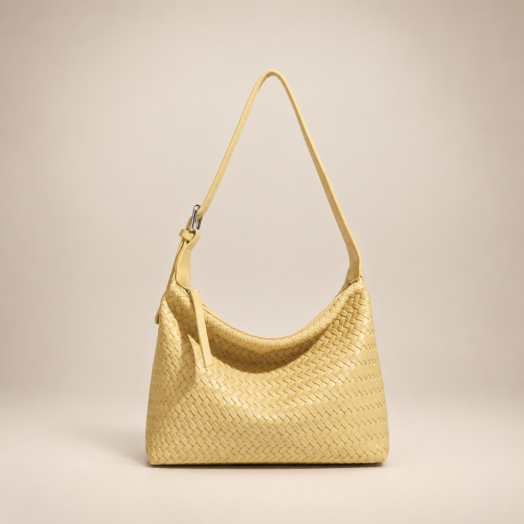 Pale yellow woven shoulder bag on a warm ivory studio background