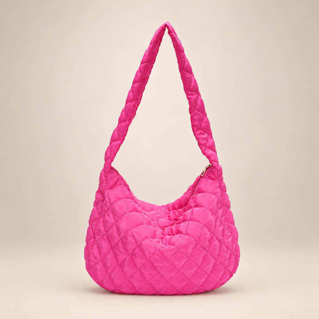 Quilted crossbody bag on a warm ivory studio background