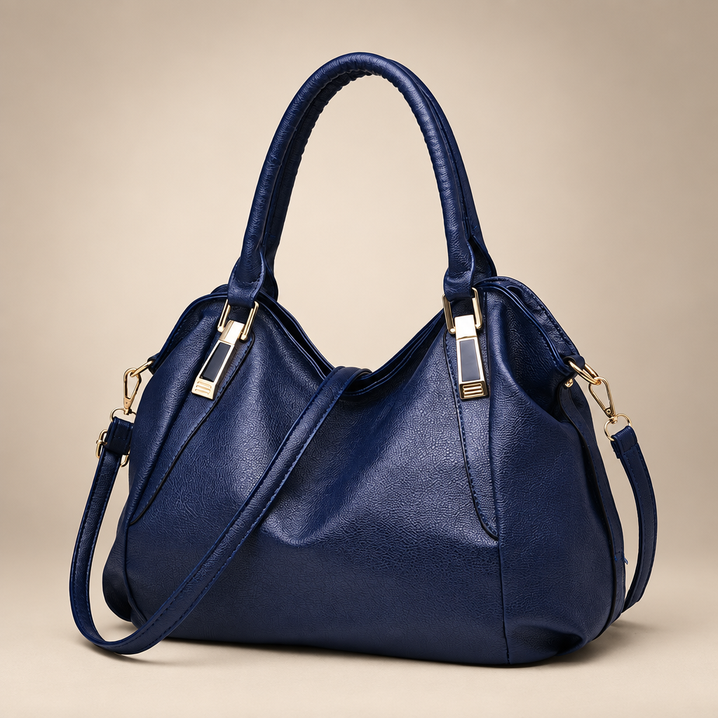Women's soft hobo shoulder bag in dark blue on a warm ivory/taupe studio background