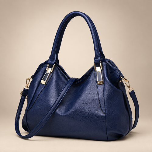 Women's soft hobo shoulder bag in dark blue on a warm ivory/taupe studio background