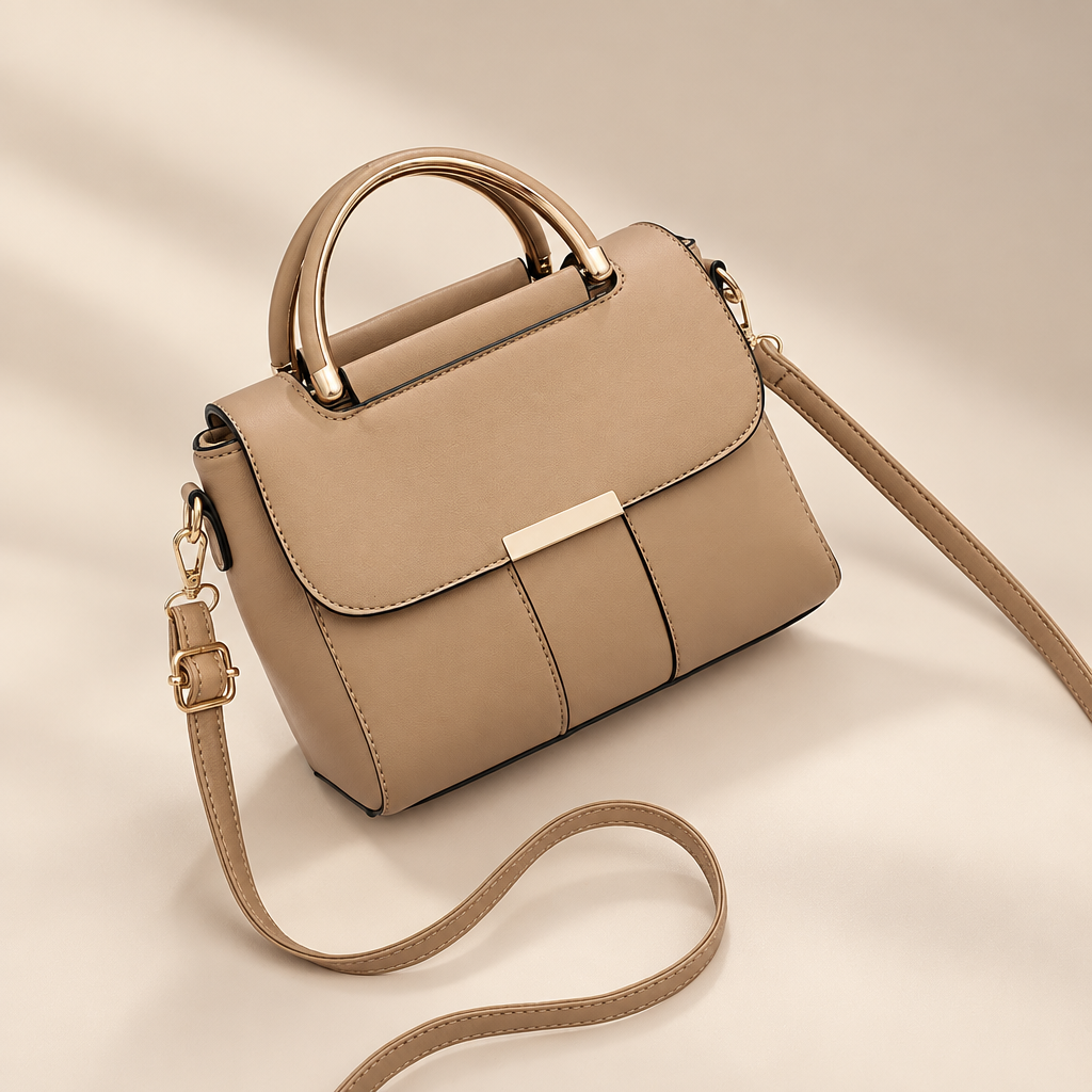 Women's structured ring-handle bag in khaki on a warm ivory/taupe studio background