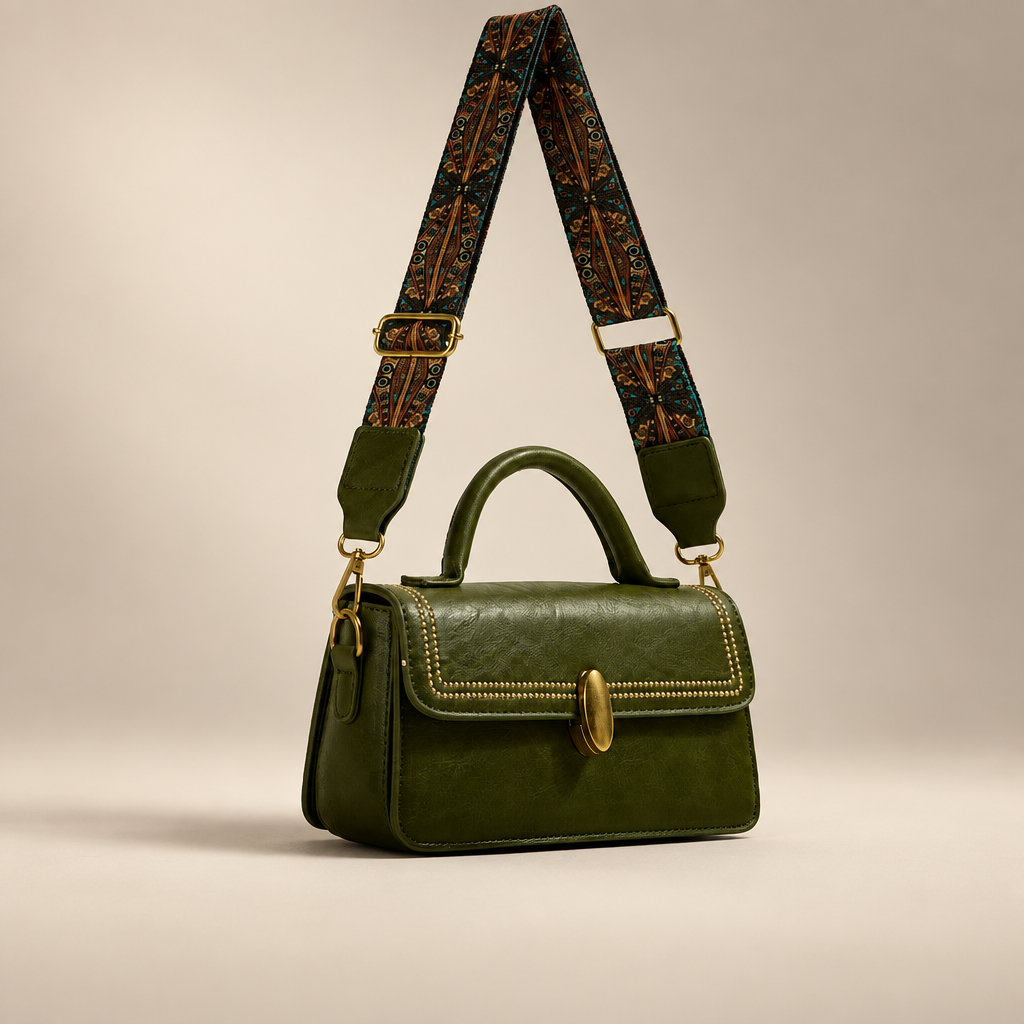 Green PU messenger bag with patterned adjustable shoulder strap on a warm ivory and taupe studio background