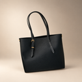 Black PU tote bag against a warm ivory and taupe studio background