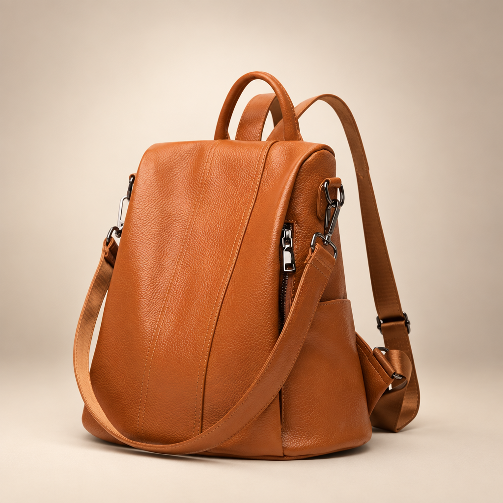Brown genuine leather backpack against a warm ivory and taupe studio background