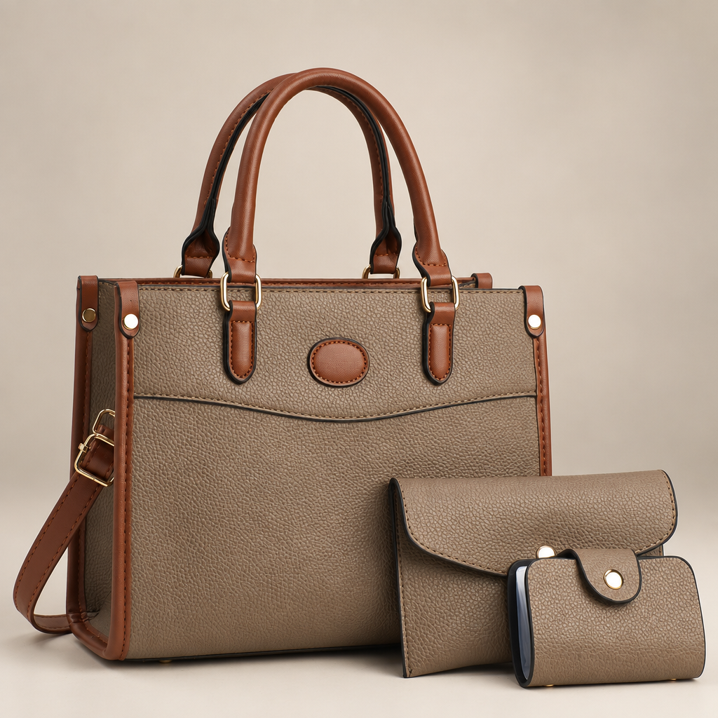 Khaki three-piece shoulder bag set on warm ivory studio background