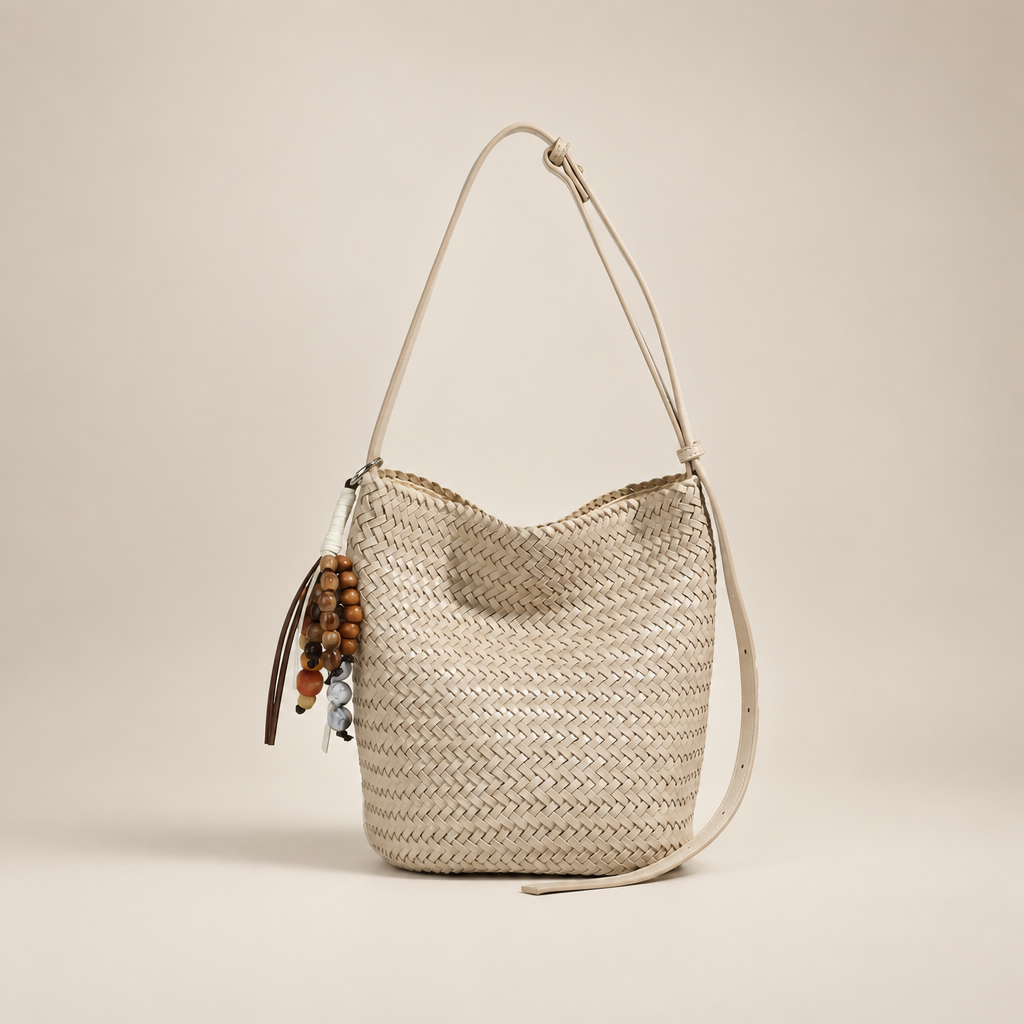 Cream woven bucket bag with bead charms on warm ivory studio background