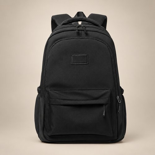Women's Oxford campus backpack in black on a warm ivory/taupe studio background