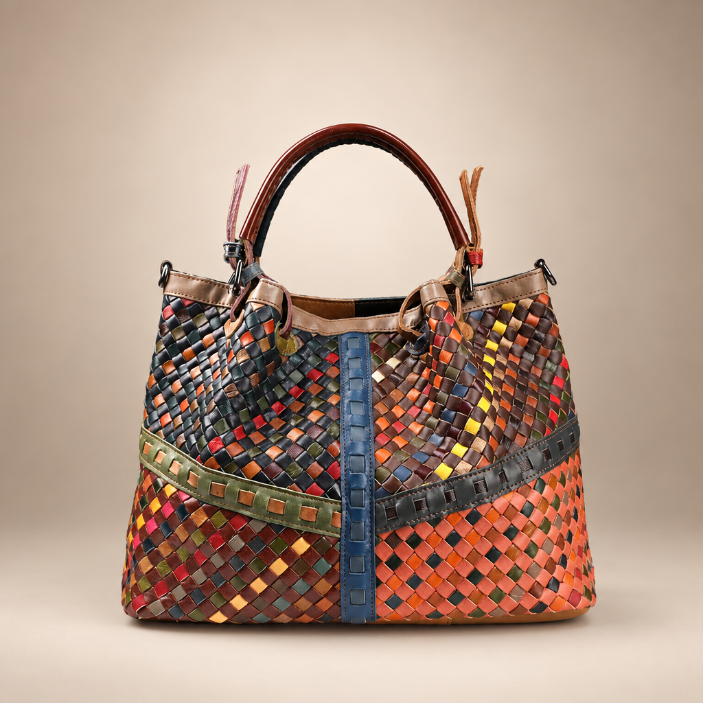 Multicoloured woven handbag with blue and green trim, front view on a warm ivory studio background
