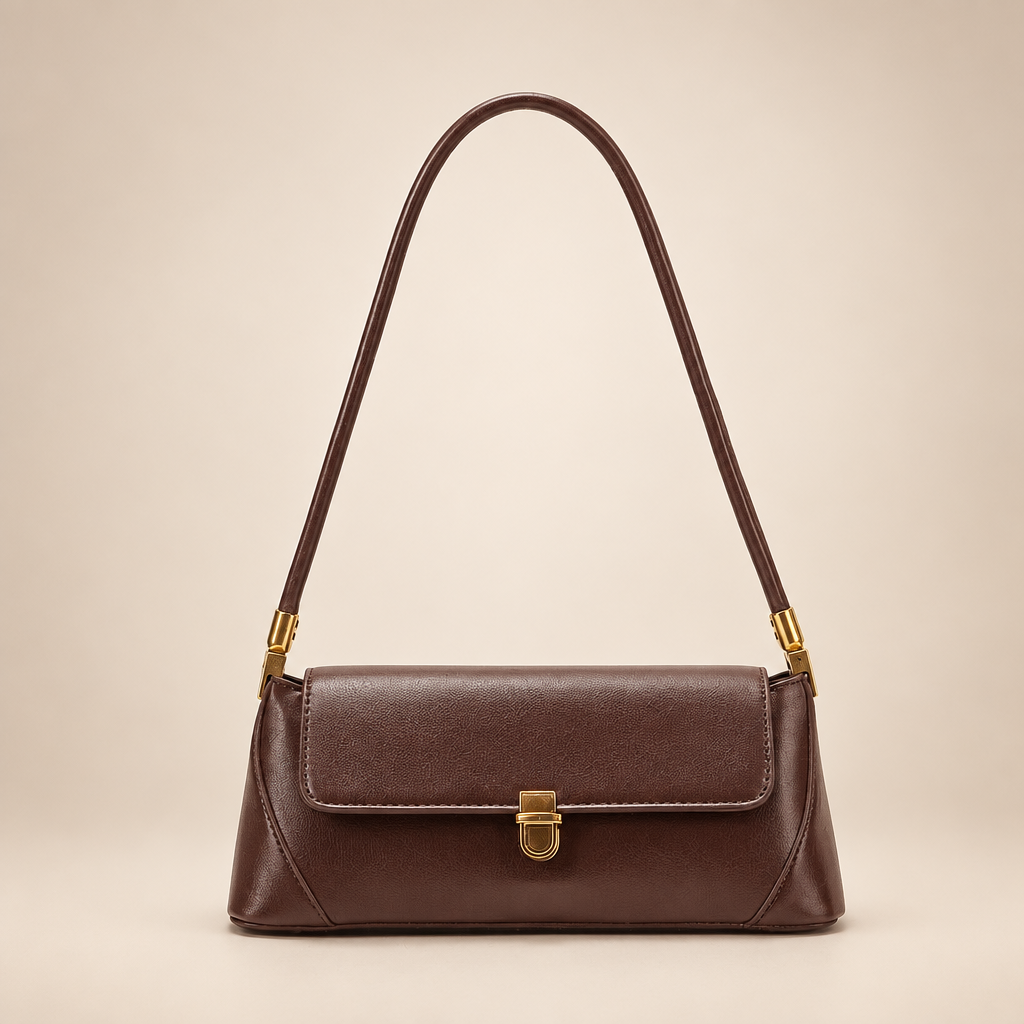 Brown baguette shoulder bag with gold clasp on a warm ivory studio background
