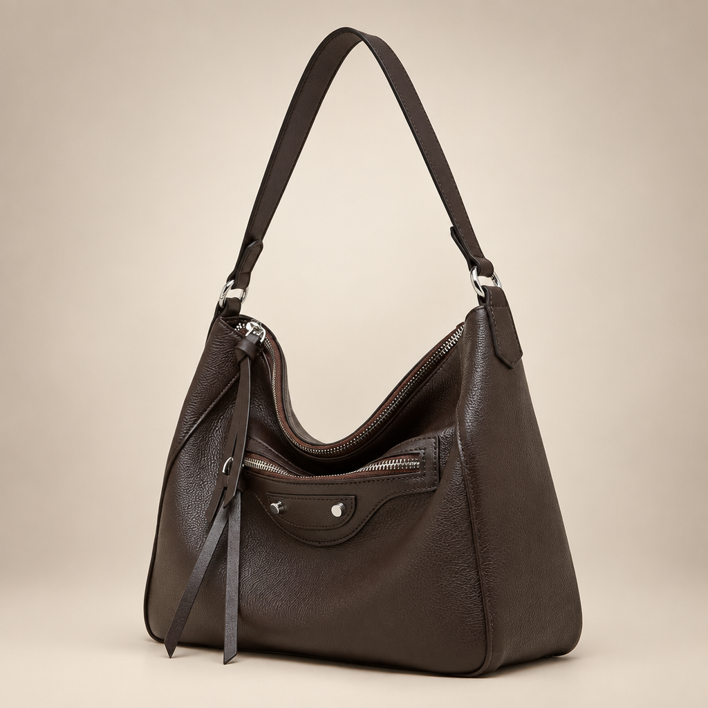 Dark brown slouch handbag with silver zips on a warm ivory studio background